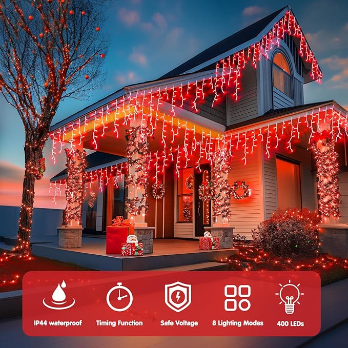 JMEXSUSS 400 LED Red Icicle String Lights, Connectable Red String Lights Indoor Outdoor with Remote, Red Christmas Lights for Room Fireplace Christmas Valentine Decorations, EXS-I-0400-R