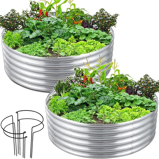 FORTUNO 2 Pcs 2 Ft Round Raised Garden Bed Box Galvanized Metal Outdoor Flower Bed Steel Patio Ground Planter for Planting Vegetables and Herbs, Silver