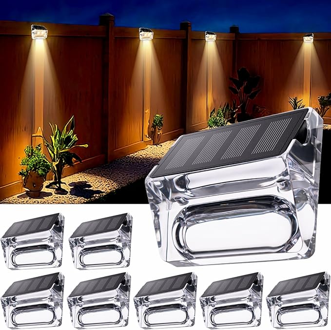 Solar Outdoor Lights 8 Pack, Solar Fence Deck Lights, Waterproof Powered Outside Lighting for Step Railing Wall Pool Stair Yard Garden Patio Pool Decorations