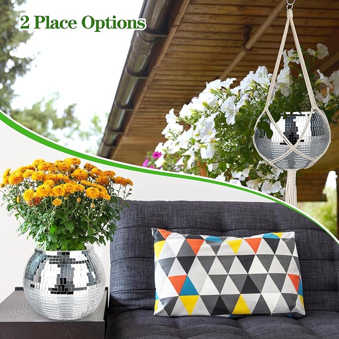Disco Ball Planter, 1pcs 10” Silver Disco Ball Planter, Disco Ball Plant Hanger with Hanging Rope, Hanging Chain, Hook, Circle and Extra Mirror Pieces(10" Silver, 1pcs)