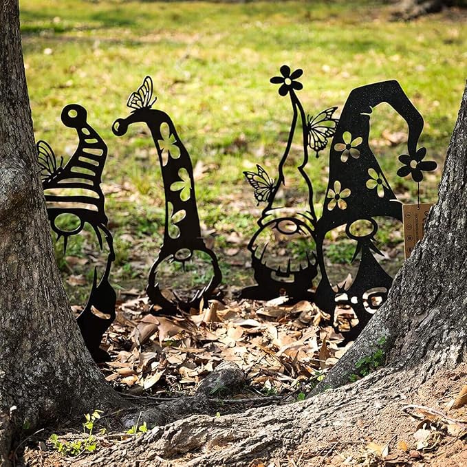 RealSteel Metal Garden Gnomes Outdoor – Steel 4 Pack Lawn Ornaments & Statues, Funny Yard Decor, Weatherproof Garden Decoration, Gift for Gardeners