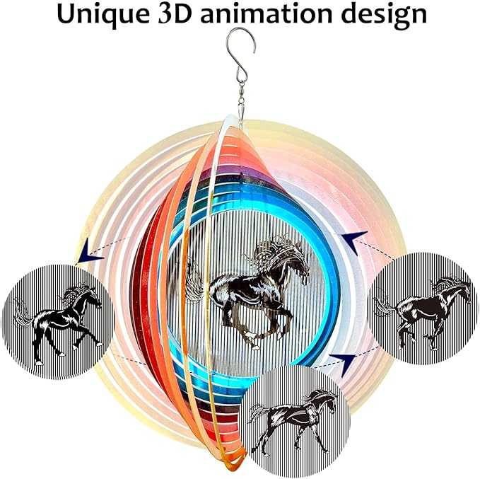 3D Animations Horse Wind Spinner for Yard and Garden,12Inch Wind Spinners Outdoor Horse Memorial Gift for Women Mom Grandma Wife,Garden Decor Metal Kinetic Yard Art Wind Sculpture