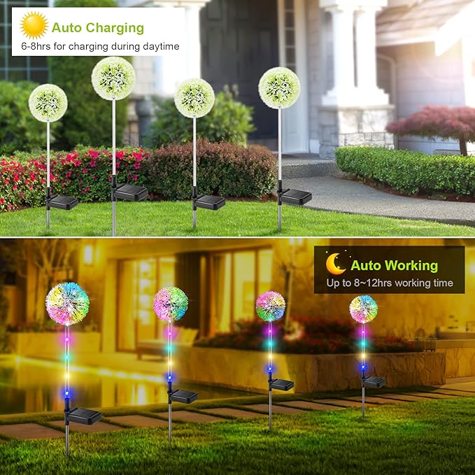 Outdoor Solar Lights, 6 Pack Solar Garden Lights with Bigger Dandelion Flowers, Waterproof Garden Decor Outdoor Solar Flower Lights for Yard, Patio, Pathway Decoration