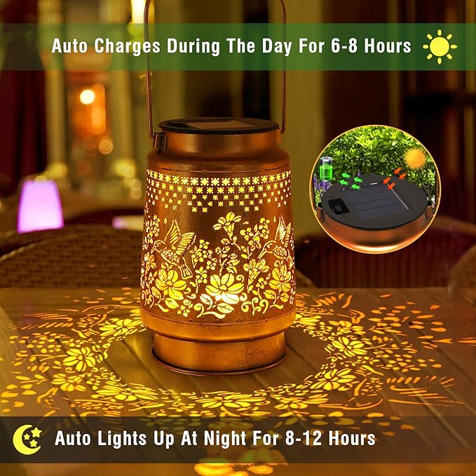 2 Pack Solar Lanterns Outdoor Hanging Lanterns with Shepherd Hook, Birthday Gifts for Women Mom Grandma Hummingbird Metal Decor Lantern Waterproof Solar Lights LED Decorative for Garden Yard Patio