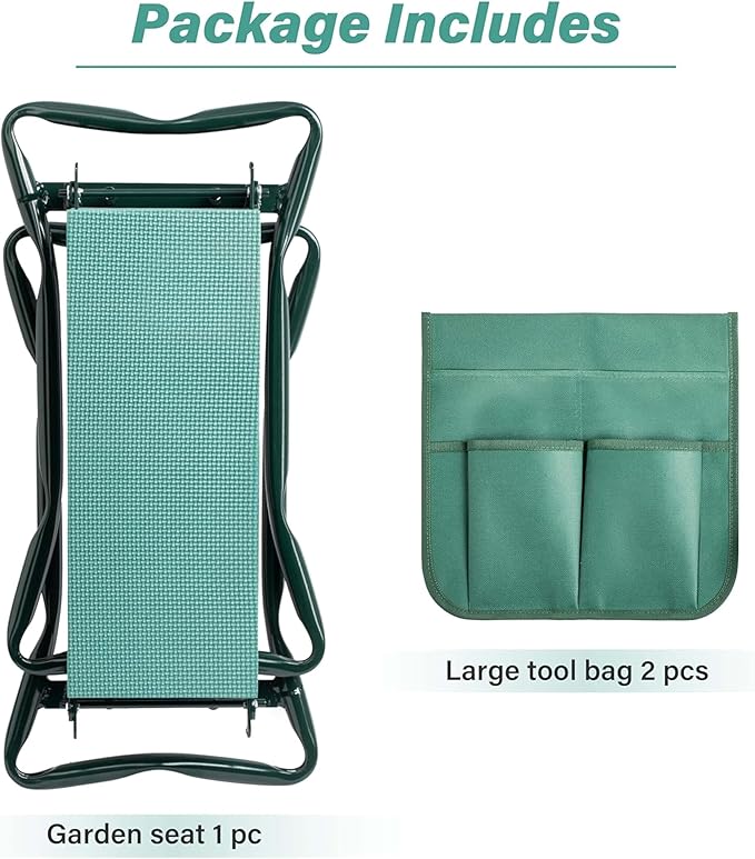 Simple Deluxe Garden Kneeler and Seat, Foldable Kneeling Stool with Thicker EVA Foam Pad Heavy Duty Bench, with Tool Pouch, Gifts for Outdoor Gardening, Fishing, Green, 2 Pack