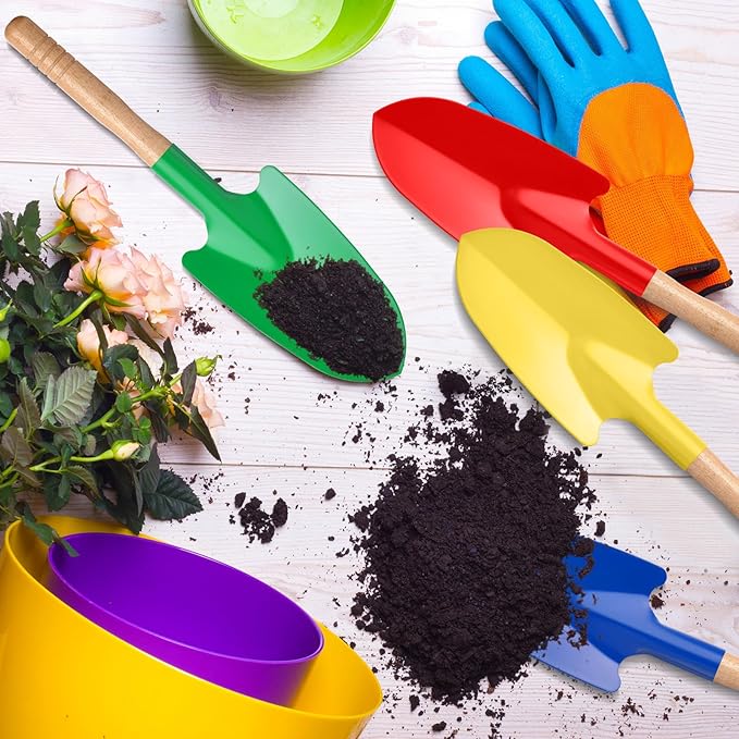 Gisafai 12 Pcs Toy Shovels for Kids Gardening Tools Kids Shovel Mini Metal Garden Shovel Sand Shovels for Kids with Sturdy Wooden Handle for Toddler Soil Planting Digging Tools, 4 Colors