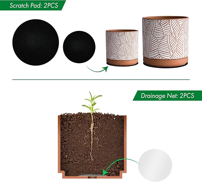 D'vine Dev Set of 2 Terracotta Pots, Broadleaf Pattern Planter Pot, 4 Inch and 6 Inch, Pot with Drainage Hole and Saucer, Terracotta/White, 31-958-H-1