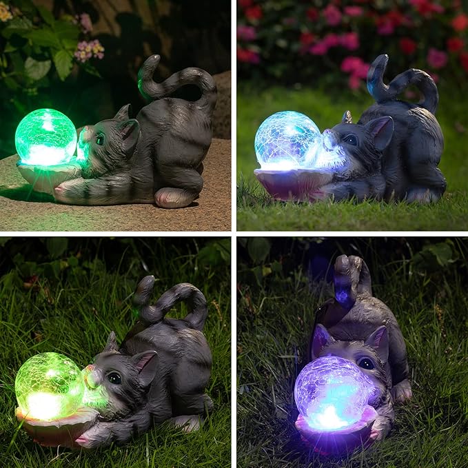 HUYIENO Solar Garden Statue Outdoor Cat Decor Figurine Lights Waterproof Garden Decor with Solar Crackled Ball Lights Housewarming Gifts for Yard,Patio,Lawn