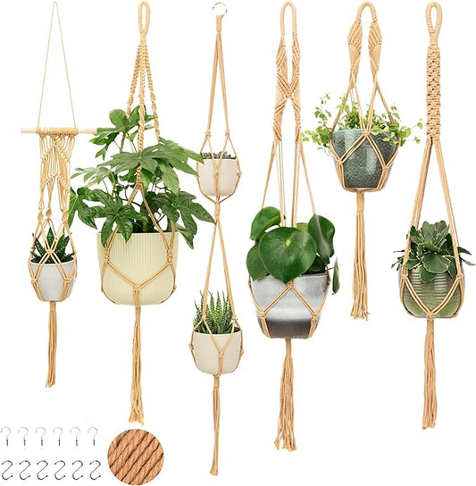 6-Pack Macrame Plant Hanger - 12 Ceiling Hooks, Plant Hanger Indoor, Hanging Plant Holder, Hanging Planters for Indoor Plants, Boho Plant Hanger, Plant Hangers Indoor Macrame (Caramel)