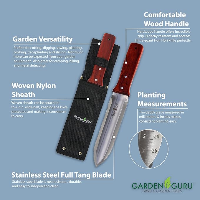Garden Guru Hori Hori Garden Knife Deluxe Set for Weeding, Digging, Pruning, and Cultivating - Stainless Steel Full Tang Blade | Marks for Measuring Planting Depth | Nylon Sheath for Storage