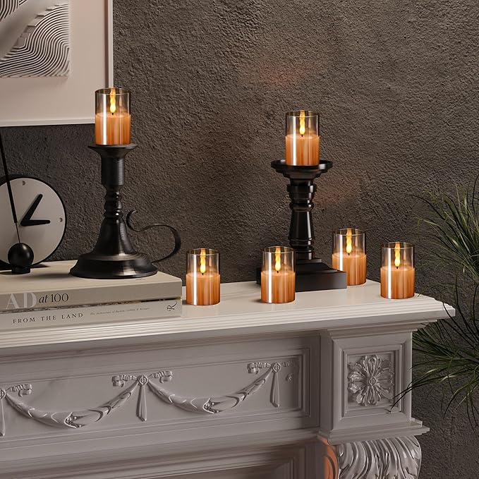 6Pack Glass Flickering Flameless Candles with Remote, 2"X3" Real Wax Votive Candles Battery Operated, Small Electric LED Candles for Wedding Home Decor, w/4 Timers+2 Lighting Modes [Gold]