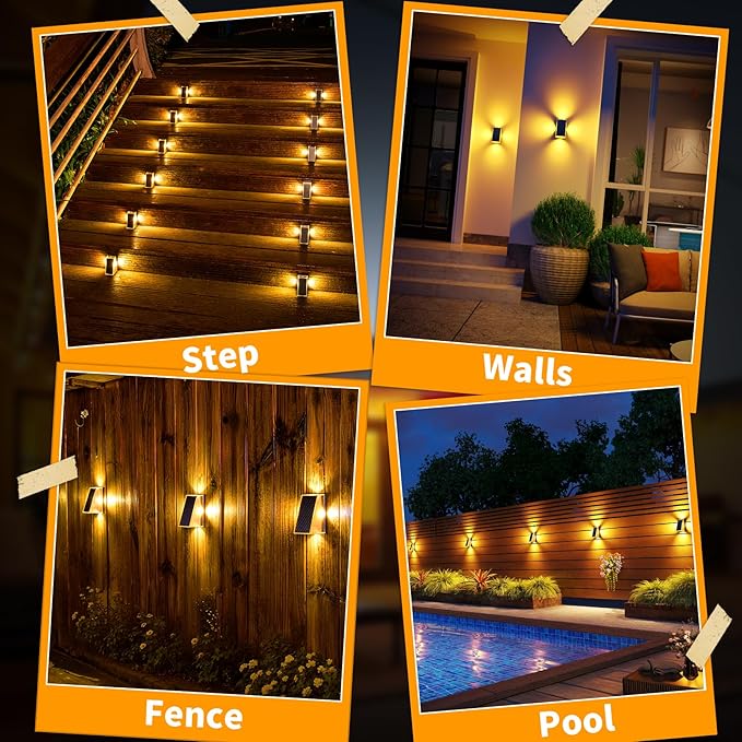 KINKAI Outdoor Solar Lights - 6 Pack Fence Lights Solar Deck Light Outdoor Wall Light with 11 Lighting Modes for Outside Garden Stairs Pool (Warm Light)