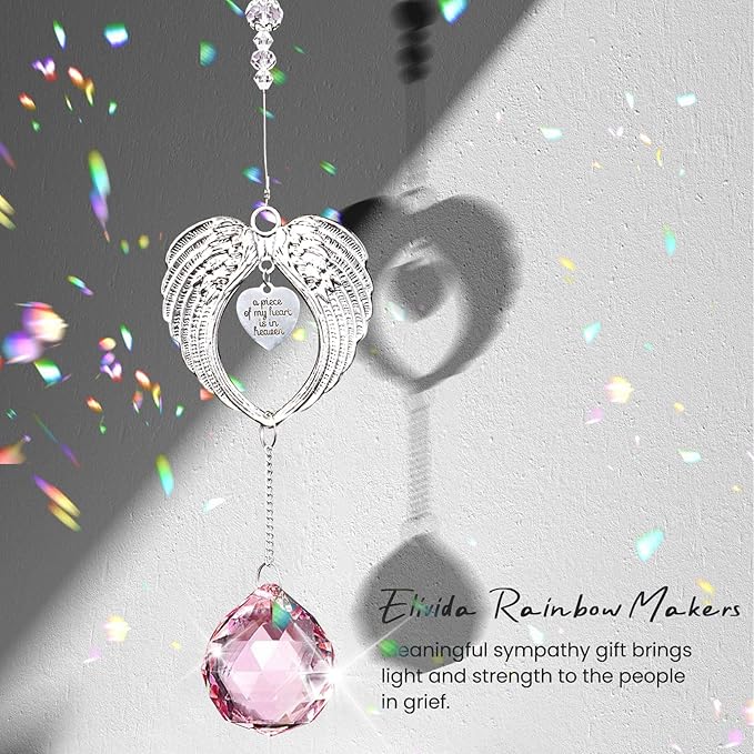 Sympathy Gift Modern Grief Gift for Lose of Loved Ones, Memorial Suncatcher with 40mm Crystal Ball, Sorry for Your Lose Rainbow Maker, Bereavement Gift Idea Angel Wings Design, Pink