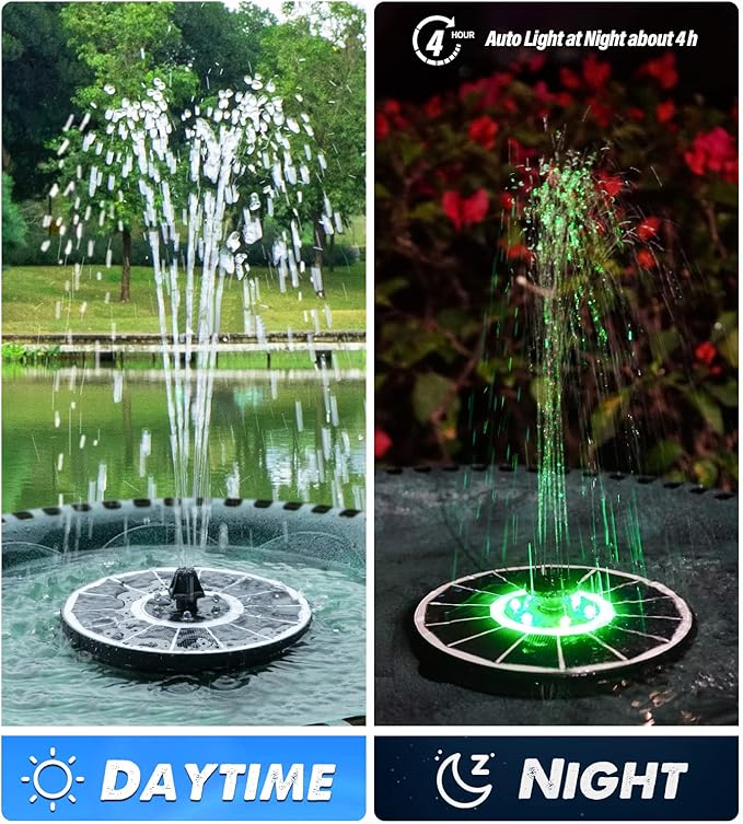 Solar Fountain Glass Panel with 2200 mah Battery, 3.5W Floating Solar Water Fountain with 4 Fixed Rods, Solar Fountain Pump for Bird Bath, Garden, Pond, Pool, Outdoor-Colorful Lights