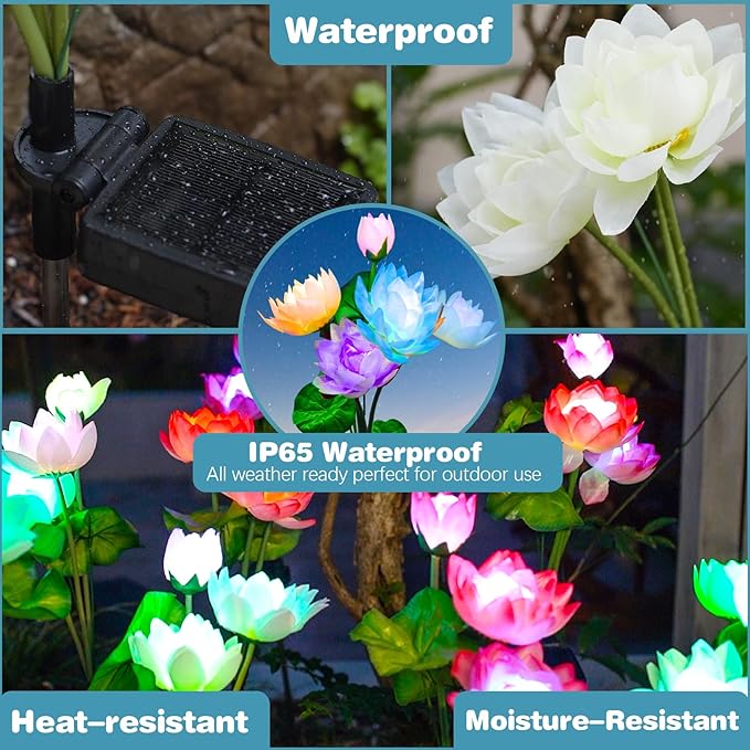 Solar Garden Lights - Solar Flower Lights, 7-Color Changing Lotus Lights for Yard, Garden Decoration, Bigger Solar Panel & Realistic Lotus Flowers (2 Pack)
