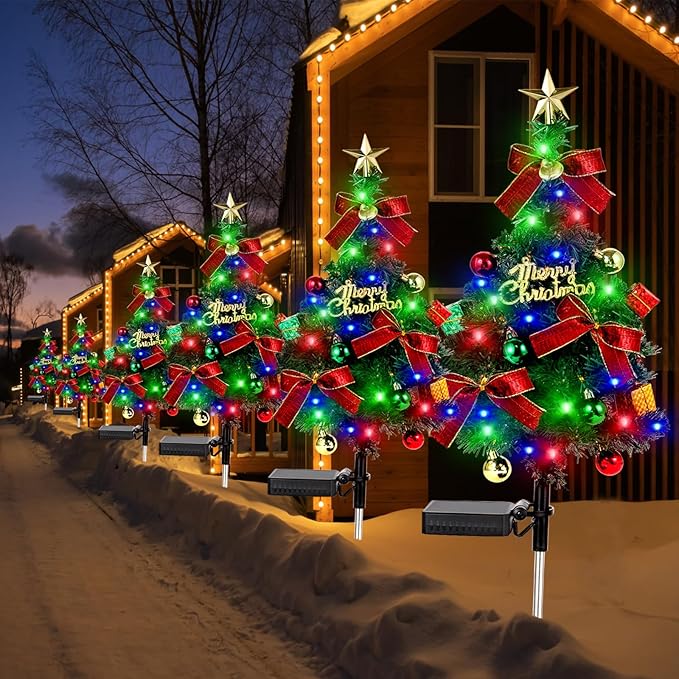 Solar Christams Tree Lights 2PCS Solar Xmas Tree Lights Garden Pathway Decor Outdoor Waterproof 40LED-Lights with Constant & Flashing Modes for Christmas Decoration of Yard Lawn