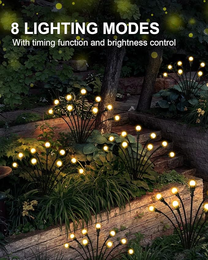 Solar Garden Lights,2Pack 16LEDs 8Modes Firefly Lights Outdoor Decorations, Swaying Light Sway by Wind,Firefly Solar Lights for Outside IP65 Waterproof,Yard Patio Decoration, Warm White