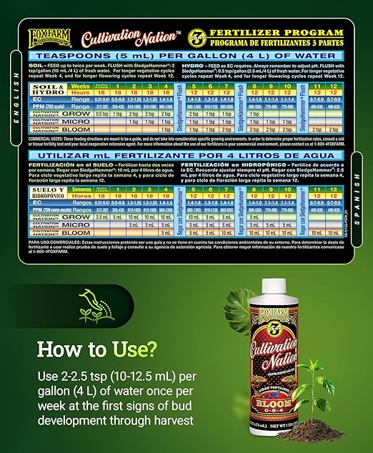 FoxFarm Cultivation Nation Bloom Fertilizer - Enhanced Bud & Fruit Development, Ideal for Soil, Soilless Media, Hydroponics & Aeroponics - Part 3 of 3-Part Feeding Program- NPK 0-5-4 (Pint)