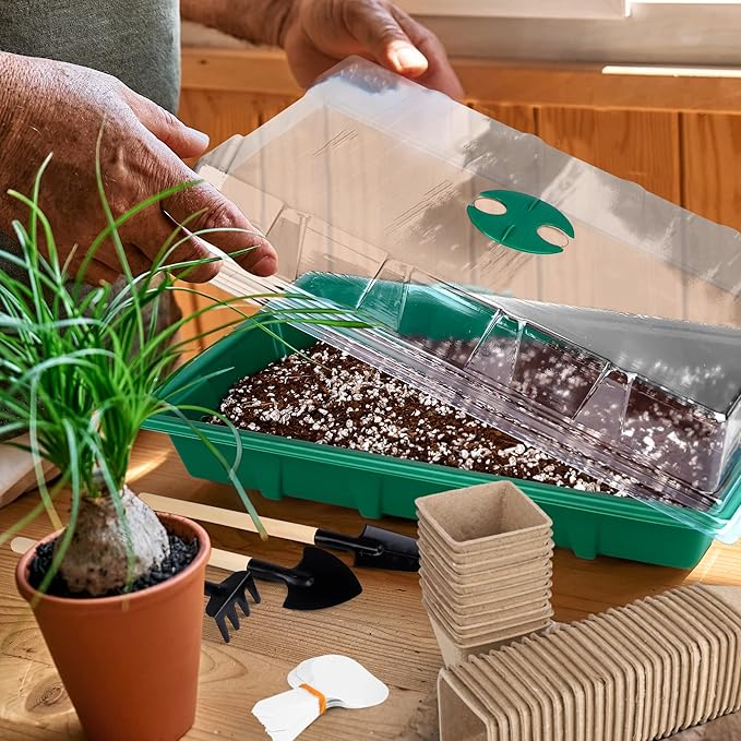 6 Pack Seed Starter Tray Kit with 120 Square Peat Pots for Seedlings, Including Plants Labels, Planting Tools, Growing Trays Plastic Germination Tray Paper Starter Pods for Plant Seeds, Green