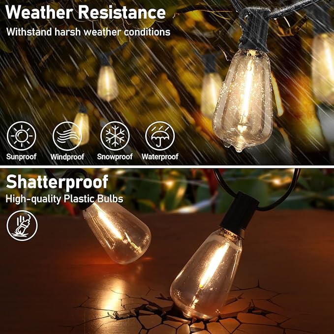 150FT Solar String Lights for Outside, Solar Powered Patio Lights with 52 Shatterproof ST38 Edison Bulbs & Remote Control,Dimmable LED Solar String Lights for Outside Waterproof