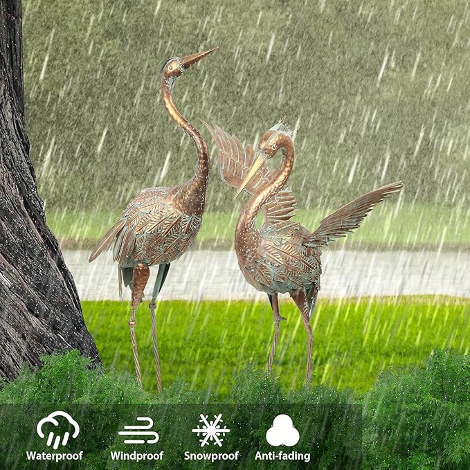 TERESA'S COLLECTIONS Yard Decorations Outdoor Garden Statues, Gold Metal Crane Yard Art, 33-39inch Lawn Ornaments for Backyard, Outside Porch, Patio, Wedding Decor, Set of 2, Christmas Decor