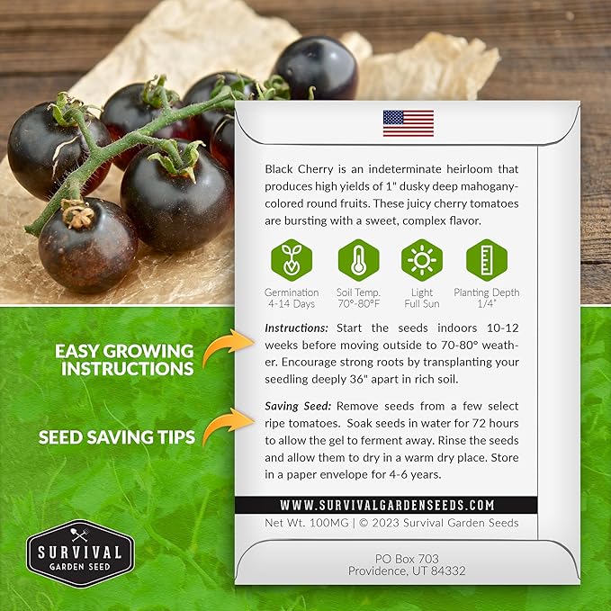 Black Cherry Tomato Seeds for Planting - 1 Seed Packet with Instructions to Plant & Grow Reddish-Purple Cherry Tomatoes in Your Home Vegetable Garden - Non-GMO Heirloom Variety - Survival Garden Seeds