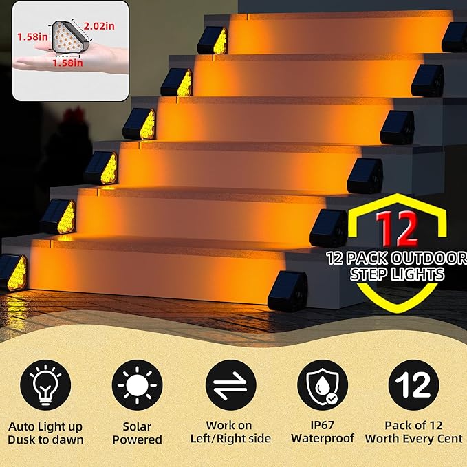 12-Pack Solar Step Lights, Solar Powered Outdoor Waterproof IP67, Auto On Off, Dusk to Dawn LED Stair Lights for Outside Garden, Deck, Front Step, Front Porch, Pathway, Patio