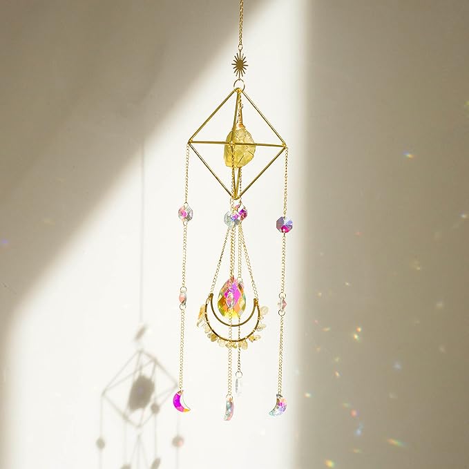 Citrine Crystal Suncatchers Boho Decor, Light Catcher Hanging, Unique for Moms, Glass Rainbow Maker, Crystal Window Hanging, Natural Gemstone (Citrine)