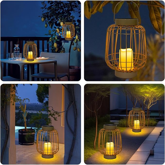 Solar Lanterns,Outdoor Solar Rattan Lanterns with Flameless Candles,Hanging with Handle Solar Lamp Decorative for Porch Garden Patio Pathway Deck Yard
