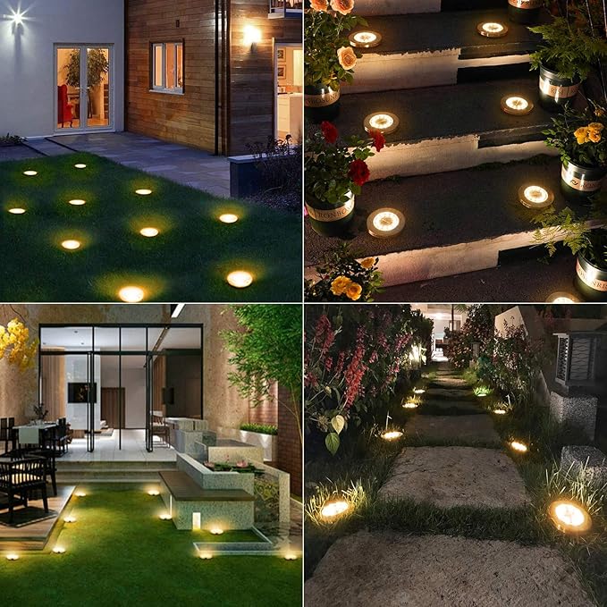 ODEETRONIC Solar Ground Lights Outdoor, 12 Packs 8 LED Solar Path Lights, Solar-Powered Disk Light Waterproof, In-ground Puck Light Flat Pathway Lamp for Landscape Pathway Patio Walkway, Warm White
