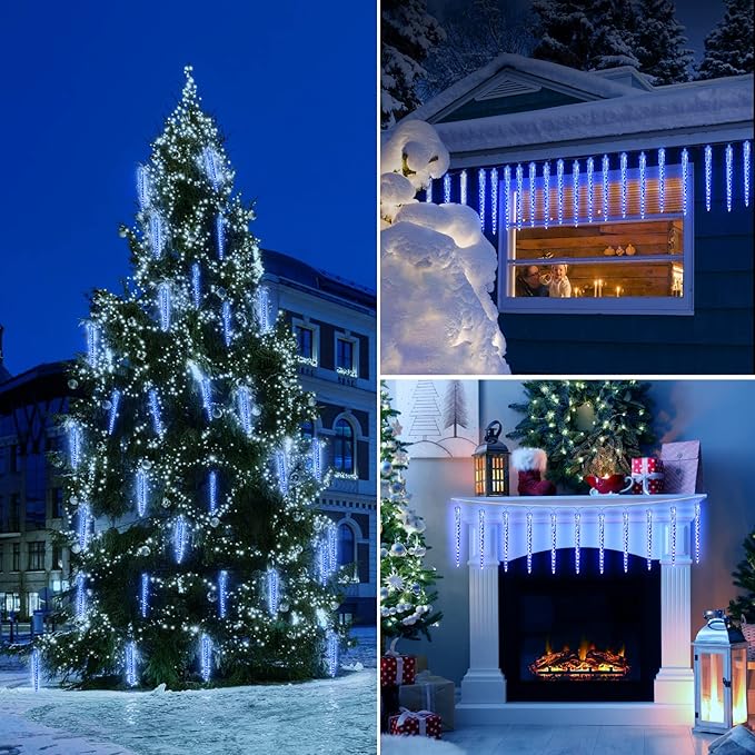 Christmas Icicle Lights Outdoor, 10Ft. Meteor Shower Lights with 10 Large Icecycles, Snowfall Shooting Star Light Effect, Falling Crystal Christmas Decorations for House Eave Roofline Patio, Blue