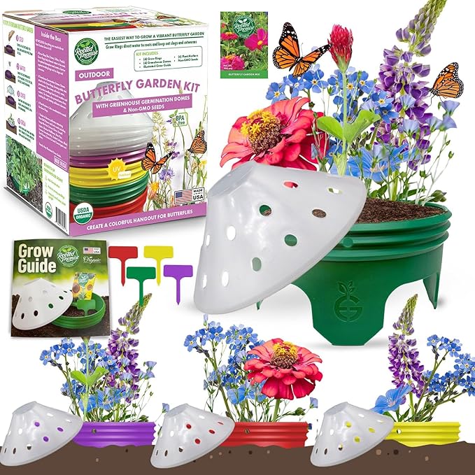 Butterfly Garden Kit with Grow Rings, Greenhouse Germination Domes, Seeds, Markers, Instructions – Gardening Gift for Mom, Teachers, Women, and Men – Made in USA