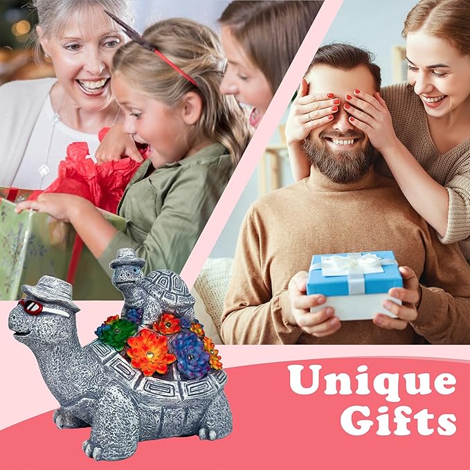 Solar Turtles for Outdoors -Cute Turtle Figurines with Baby for Yard Decorations Outdoor - Ideal for Anniversaries, Christmas, Birthdays, Gift for Mom - Garden Decor for Outside - Turtle Garden Décor