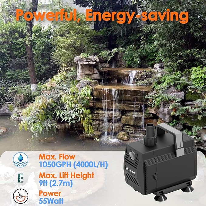 Submersible Water Pump 1050GPH/55W Fountain Pumps with Flow Control, Pond Pump Submersible Outdoor with 10ft 3-Core Power cable for Hydroponics, Aquarium, Waterfall, Statuary, Water feature