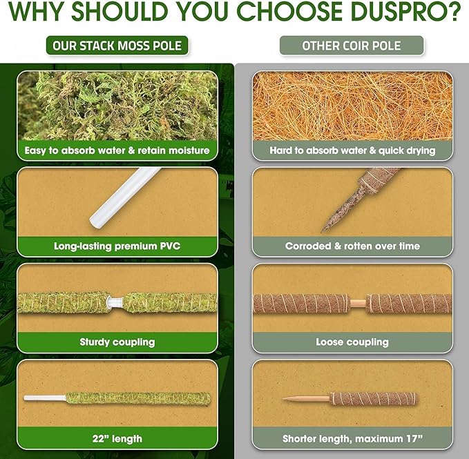 DUSPRO Natural Stackable Moss Pole for Plants Monstera Potted Plant Stakes for Indoor Plants Extendable Plant Pole Moss Sticks for Plants Climbing Vine Supporting Monstera Trellis 10Pcs 22''