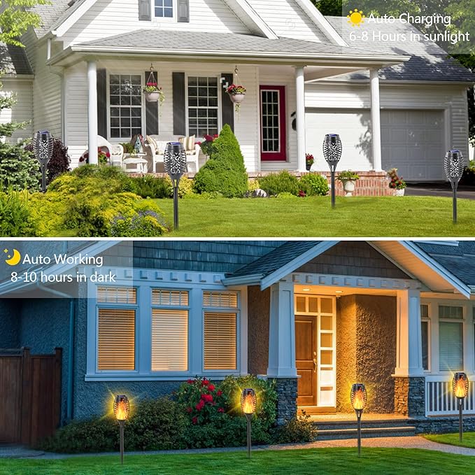 EOYIZW 12 Pack Solar Torch Light with Flickering Flame, 12 LEDs Solar Lights Outdoor, IP65 Waterproof Tiki Torches for Outside Landscape Decoration Outdoor Lights for Garden Yard Patio