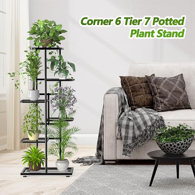 6 Tier 7 Potted Black Plant Stand Indoor Outdoor with Gardening Tools and Gloves, Upgraded Corner Metal Plant Rack Shelf for Multiple Plants, Tall Flower Pot Holder Display for Patio Living Room