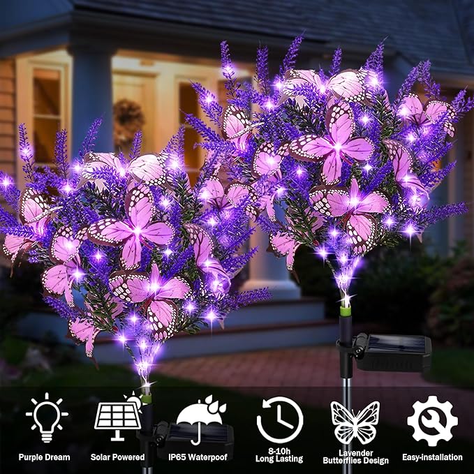Solar Garden Lights Outdoor, 2 Pack Purple Lavender Solar Butterfly Lights Gardening Gifts for Women, Solar Artificial Flower with Butterfly Purple Garden Decor for Lawn Patio