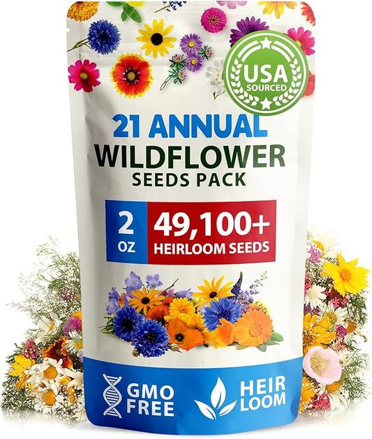 HOME GROWN 49,000+ Wildflower Seeds: (2oz) Bulk Mix, 21 Varieties Wild Flower Mix - Bee and Butterfly Garden Pack - Native Annual Flowers for Planting for Your Garden
