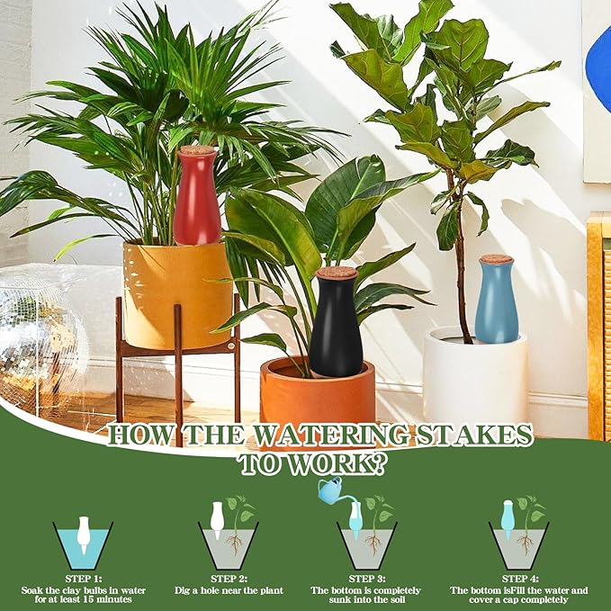 4 Pcs Plant Watering Globes, Self Watering Planter Insert, Clay Drip Irrigation Stake with Large Watering System, Plant Watering Device for 1 Week Easy to Refill, Self Watering Pots for Indoor Plants