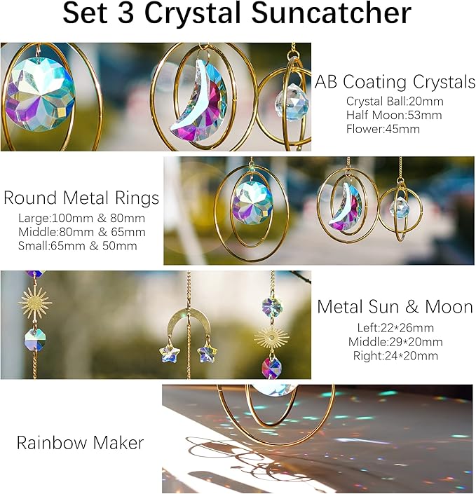 Set 3 Crystal Hanging Decorations - Sun & Moon Rainbow Crystal Suncatcher Window Car Hanging Prisms Ornament Pendant,Boho Love Wall Decoration,Home Garden Decor Gift