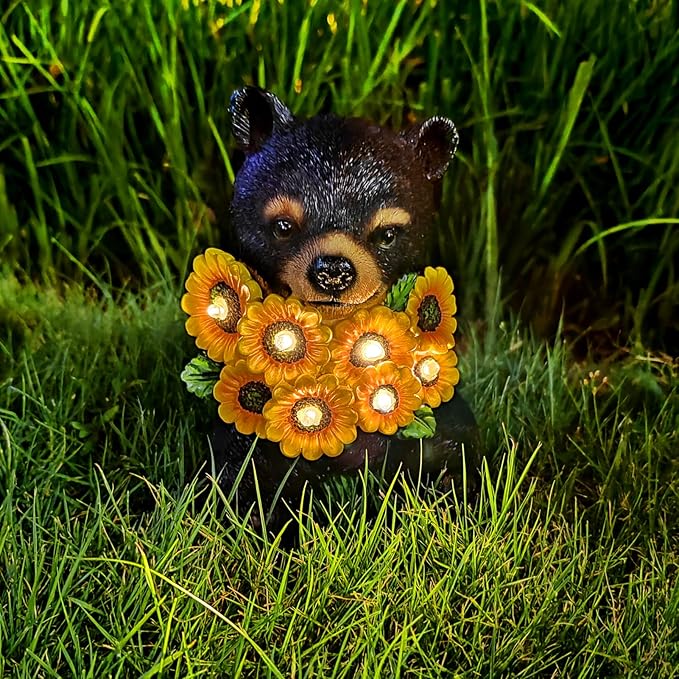 Solar Garden Lights Outdoor Statues Black Bear with Sunflowers, LED Lighted Garden Decor Waterproof Figurines for Patio Porch Balcony Yard Lawn Lantern, Unique Garden Statues for Housewarming Gifts
