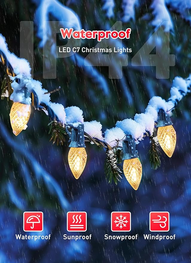 C7 LED Lights Warm White Christmas Lights Outdoor, 100FT C7 Christmas String Lights with 100 Plastic Bulbs, Traditional Hanging Holiday Lights for Christmas Tree Patio Fence Roofline Xmas Decorations