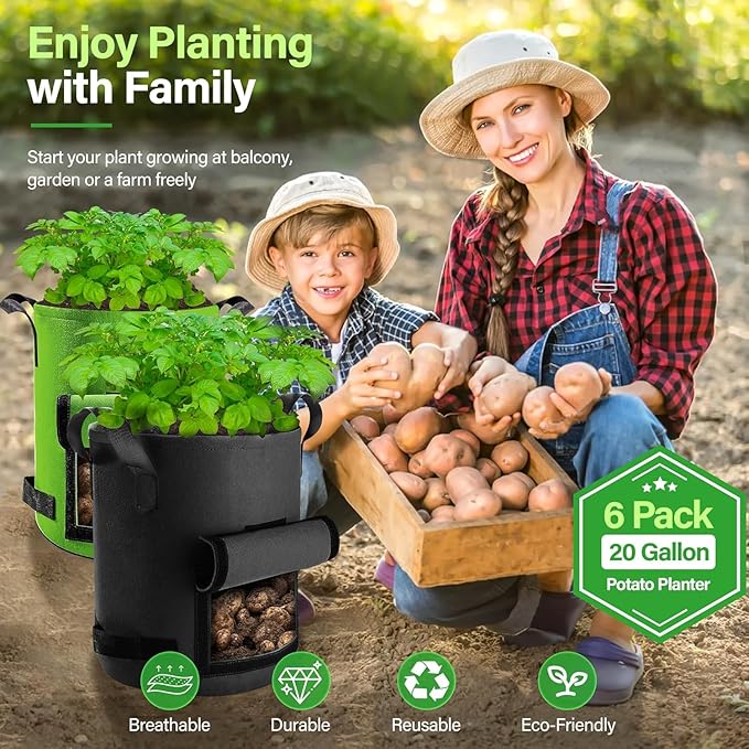 6 Pack Potato Grow Bags 20 Gallon with Flap, Grow Bags for Growing Potatoes, Durable Fabric Garden Planter Pots with Harvest Window for Vegetable & Fruits, Black & Green