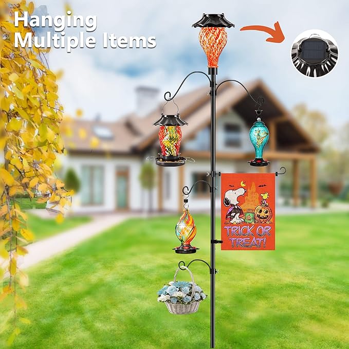 Solar Shepherds Hooks with Hand Blown Glass Lamp, Decorative RGB Lights, 4 Hooks & 1 Flag Holder, Heavy Duty Stand for Hanging Hummingbird Feeder, Bird Feeder, Plant, Garden Path Light (Red)