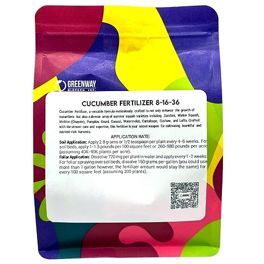 Greenway Biotech Cucumber Fertilizer 8-16-36-100% Water Soluble Plus Chelated Micronutrients Suitable for Soil, hydroponics, and aeroponics - 1 Pound (Makes ~200 Gallons)