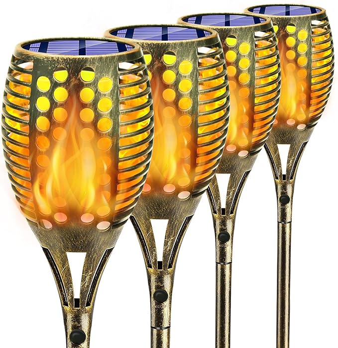 Solar Torch Light 4 Pcs Solar Lights Outdoor 96 LED Upgraded Waterproof Landscape Garden Pathway Light with Vivid Dancing Flickering Flames Auto On/Off Dusk to Dawn for Garden Pathway Yard Decoration
