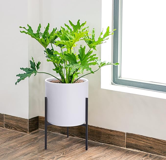 D'vine Dev Modern White Plants Pot Cylinder Planter with Heavy Duty Stand, Medium 10 Inch Pot, 16.3 Inch with Stand Height, 96-T-A-2