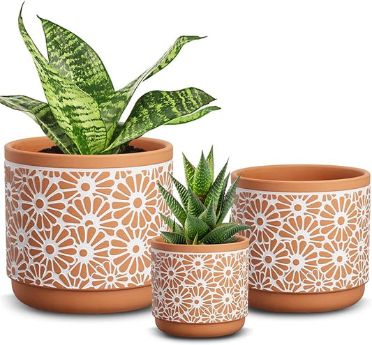 3 Piece Ceramic Plant Pots, 5.7/4.7/3.5/inch Planters with Drainage Hole, Outdoor Indoor Flower Pots Set, Modern Decorative Plant Pots for Lilies, Cacti, Succulents, Snakes, Bamboo(Red)