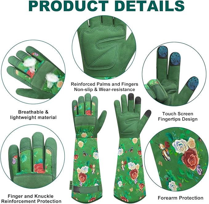 DLY Gardening Gloves for Women, Rose Gloves Gardening Thorn Proof, Long Garden Gloves for Women, Durable and Comfortable Leather Gauntlet (Large, Green